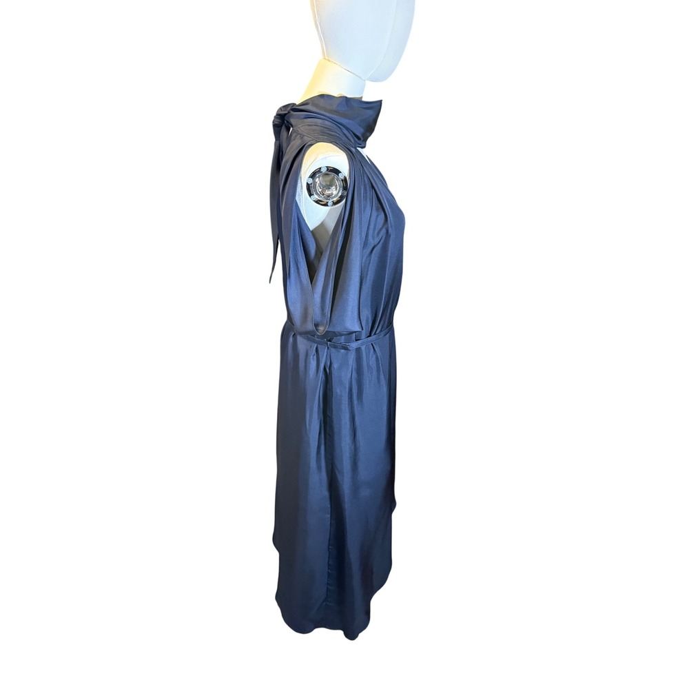 RAOUL Navy Blue Satin Wrap Top Midi Dress with Tie Neck Sz 6 - Picture 3 of 6